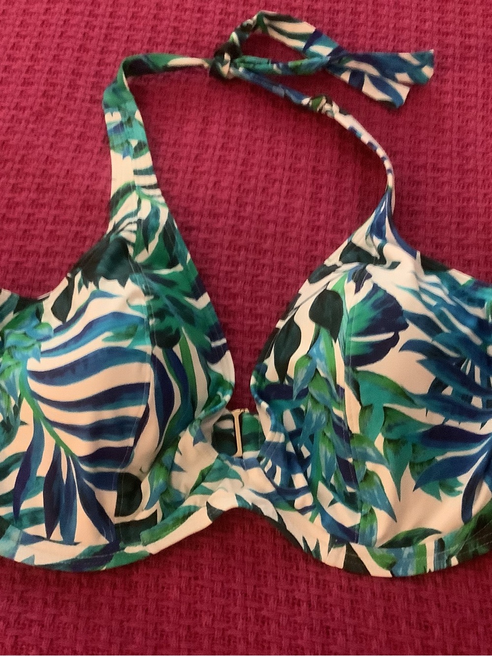 Tropical Leaf Print Halter Bikini Top - Blue & Green